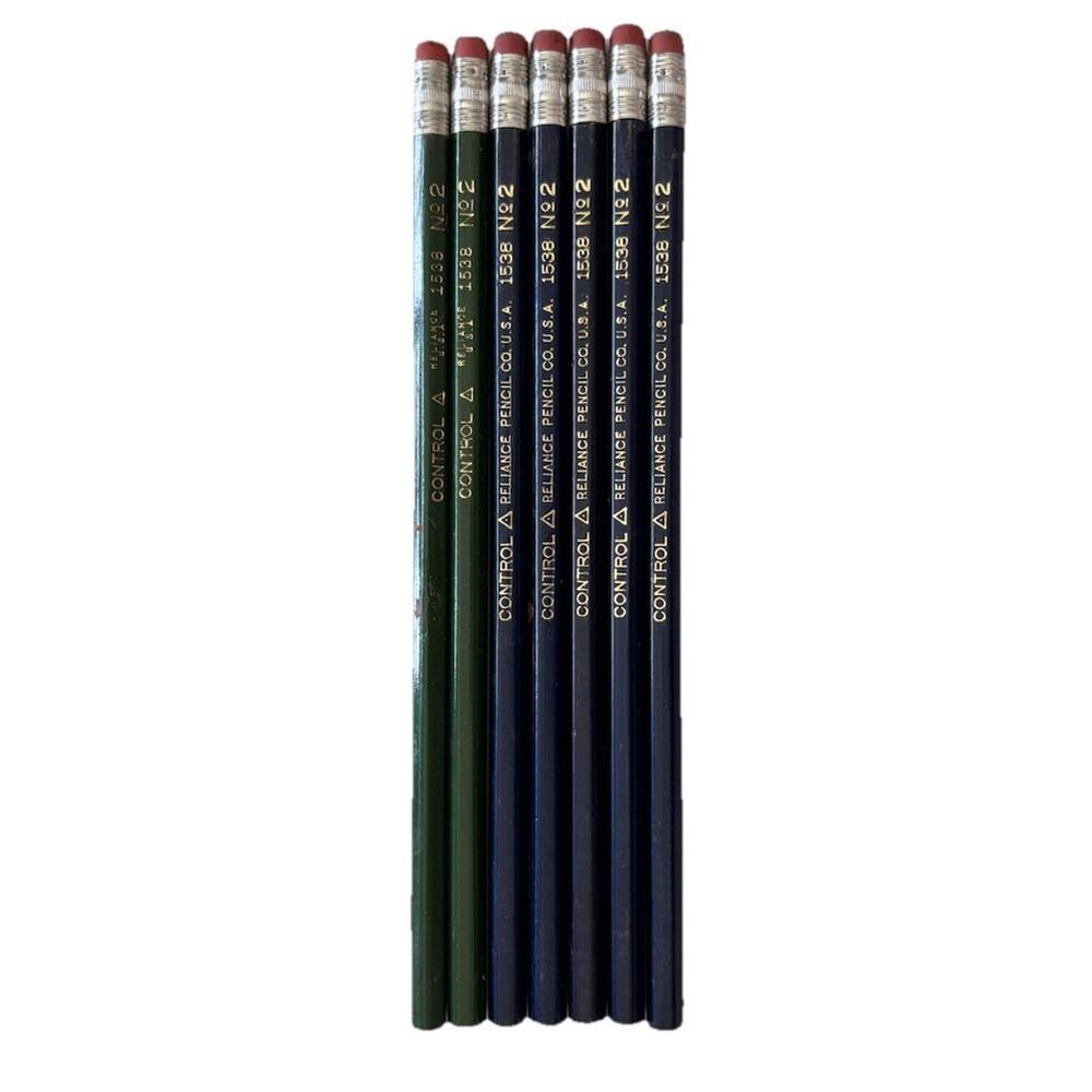 Control Reliance Pencils 1538 Lot of 7 w/ Container #2 Wood Blue Green VTG NOS